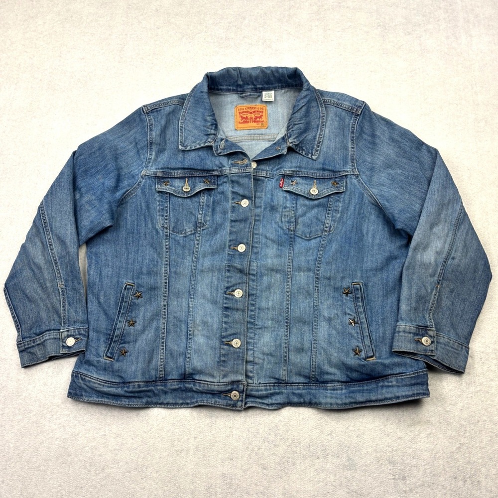 Levis Womens Plus 3X Medium Wash Denim Trucker Jacket Star Studded Stretch 77994